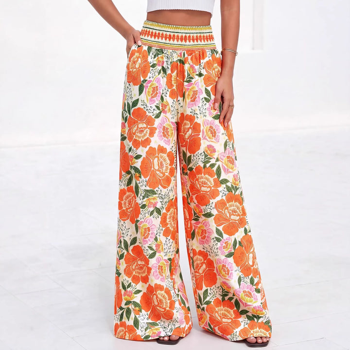 Damen luftige Palazzo-Hose mit floralen Mustern und elastischem Bund Drune