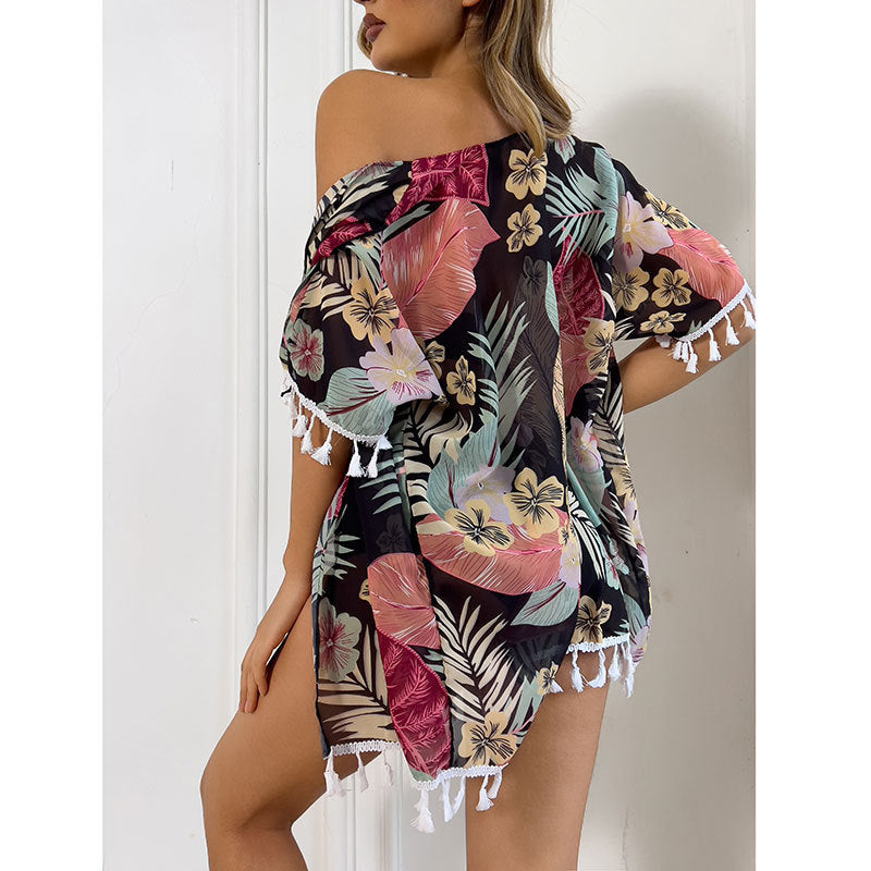 Damen Strandmode Set mit floralem Kimono und passendem Bikini Drune
