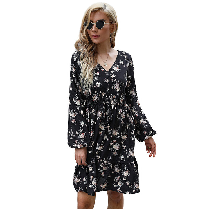 Damen Blumenkleid mit voluminösen Ärmeln und Taillenzug Drune