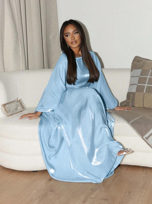 Damen Glamouröses Satin-Maxi-Kleid mit weitem Schnitt und eleganten Ärmeln Drune