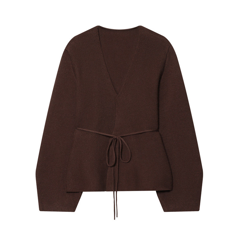 Damen modischer V-Ausschnitt Strickpullover mit taillierbarem Bindegürtel Drune
