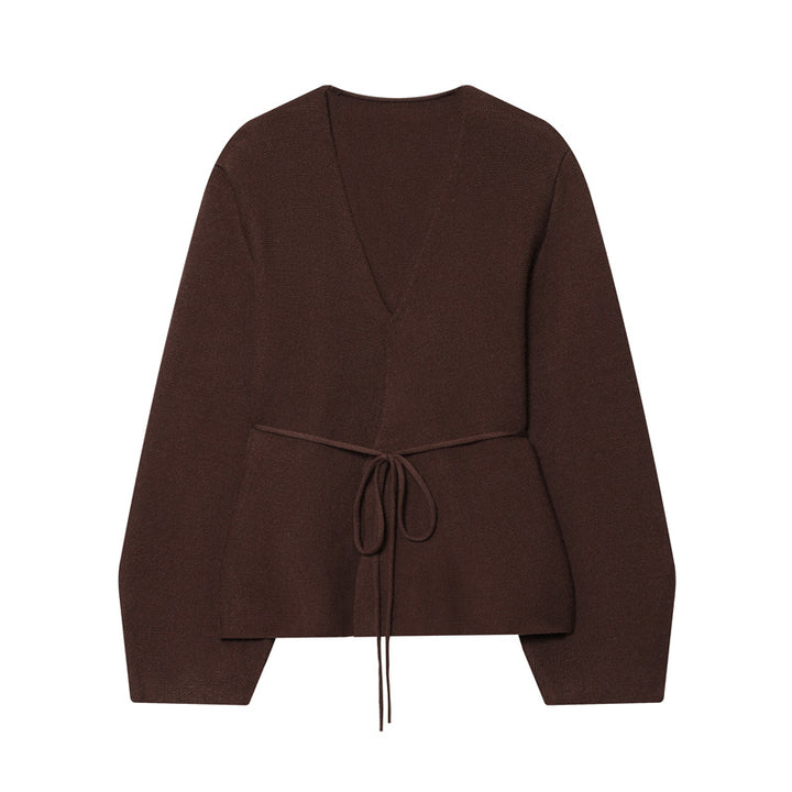 Damen modischer V-Ausschnitt Strickpullover mit taillierbarem Bindegürtel Drune