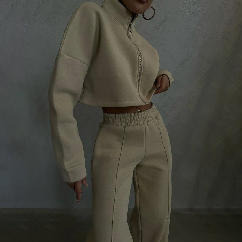 Damen nan kurzes Reißverschluss-Crop-Sweatshirt mit Stehkragen und hochtaillierter Jogginghose Set Drune