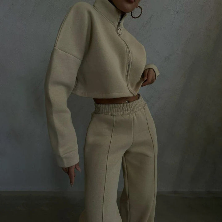 Damen nan kurzes Reißverschluss-Crop-Sweatshirt mit Stehkragen und hochtaillierter Jogginghose Set Drune