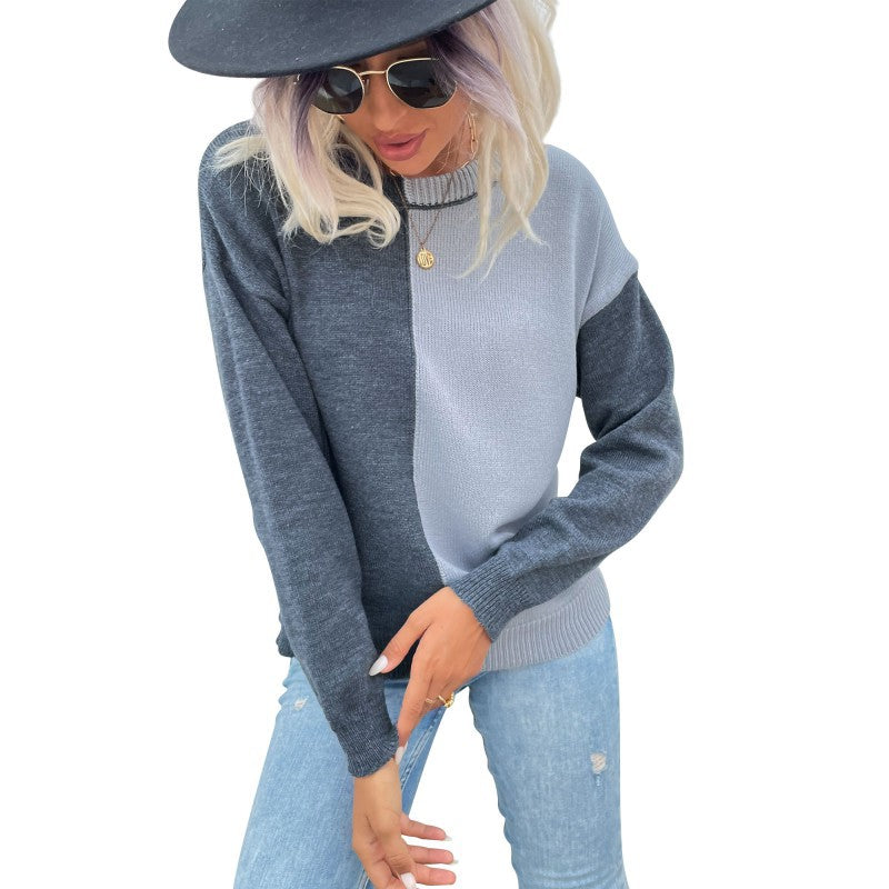 Damen modischer Pullover mit asymmetrischem Farbblock-Design und langem Arm Drune