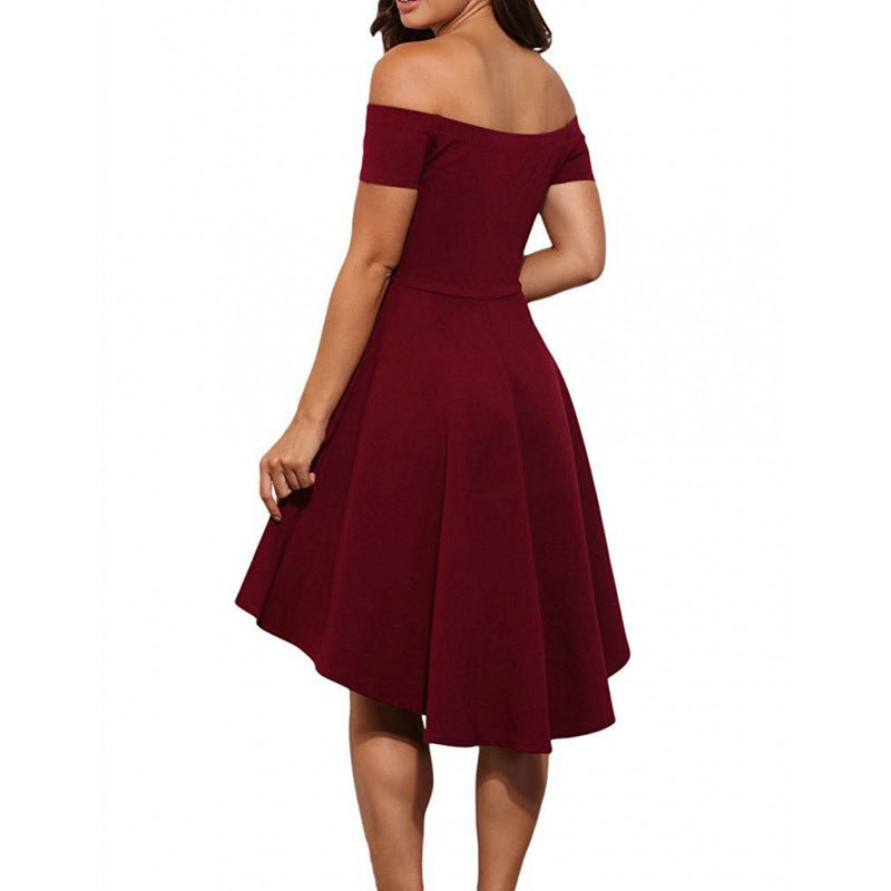 Damen Off-Shoulder Kleid mit asymmetrischem Saum und fließendem Rock Drune