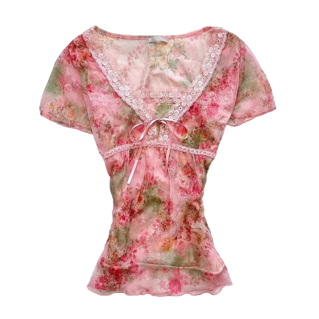 Damen florales Chiffon-Oberteil mit Spitzenakzenten Drune