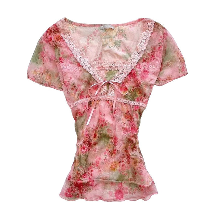 Damen florales Chiffon-Oberteil mit Spitzenakzenten Drune