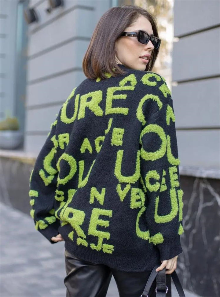 Damen übergroßer Pullover mit auffälligem Schriftzug und weichem Material Drune
