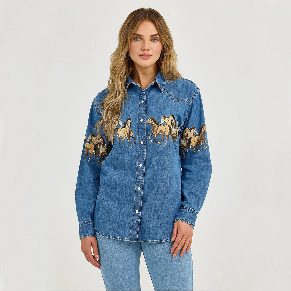 Damen Jeanshemd mit kreativem Pferdemotiv und hochwertiger Baumwollmischung Drune