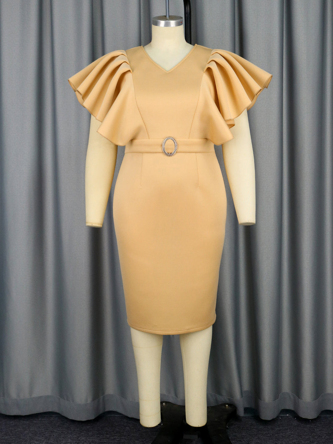 Damen figurbetontes Kleid mit voluminösen Rüschenärmeln und Taillengürtel Drune