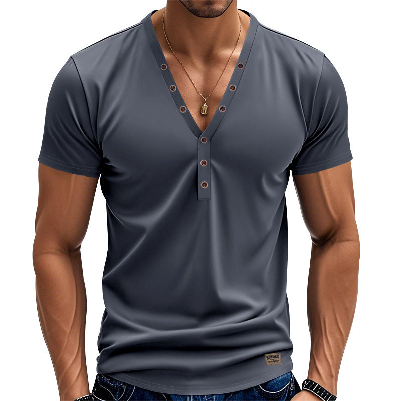 Herren nan tailliertes Kurzarm-Henleyshirt aus Baumwoll-Elasthan mit tiefem V-Ausschnitt und dekorativer Knopfleiste Drune