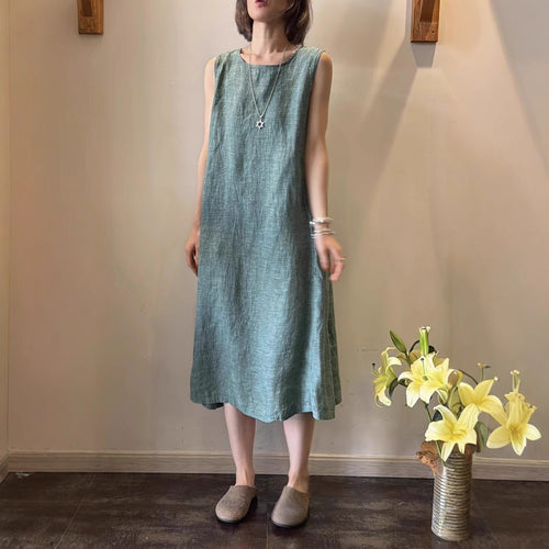 Damen Ärmelloses Leinen Shift Kleid Drune