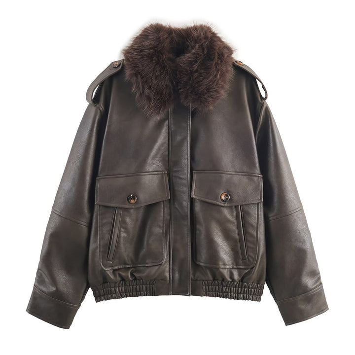 Damen elegante Lederjacke mit abnehmbarer Kunstfellkragen und praktischen Taschen Drune