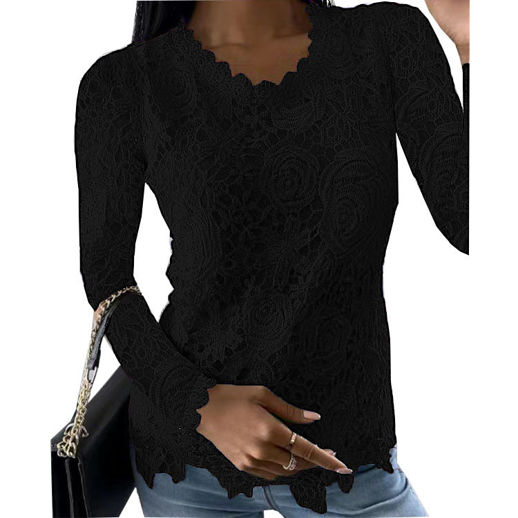 Damen nan figurbetonte Spitzenbluse mit floraler Allover-Spitze, Langarm und gezacktem Saum Drune