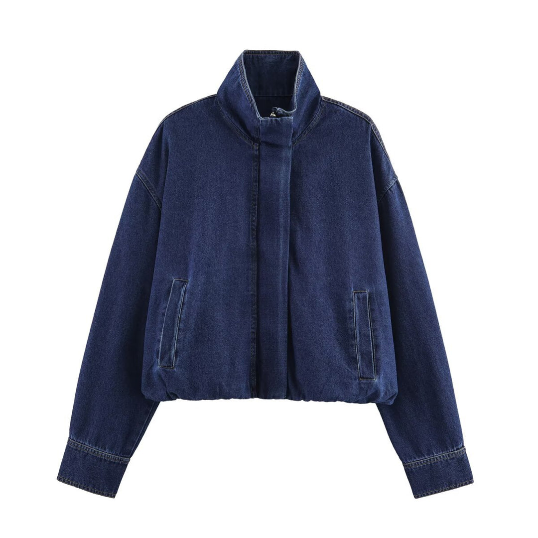 Damen cropped Denimjacke mit hochgeschlossenem Kragen und praktischen Taschen Drune