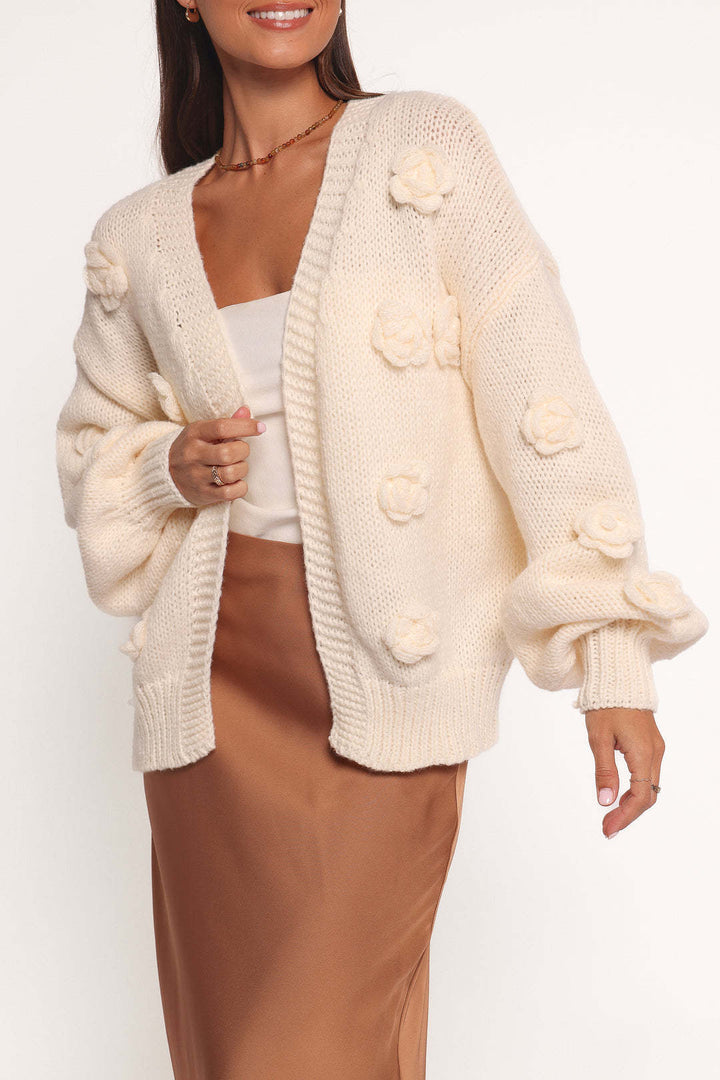 Damen Strickjacke mit floralem Design und voluminösen Ärmeln Drune