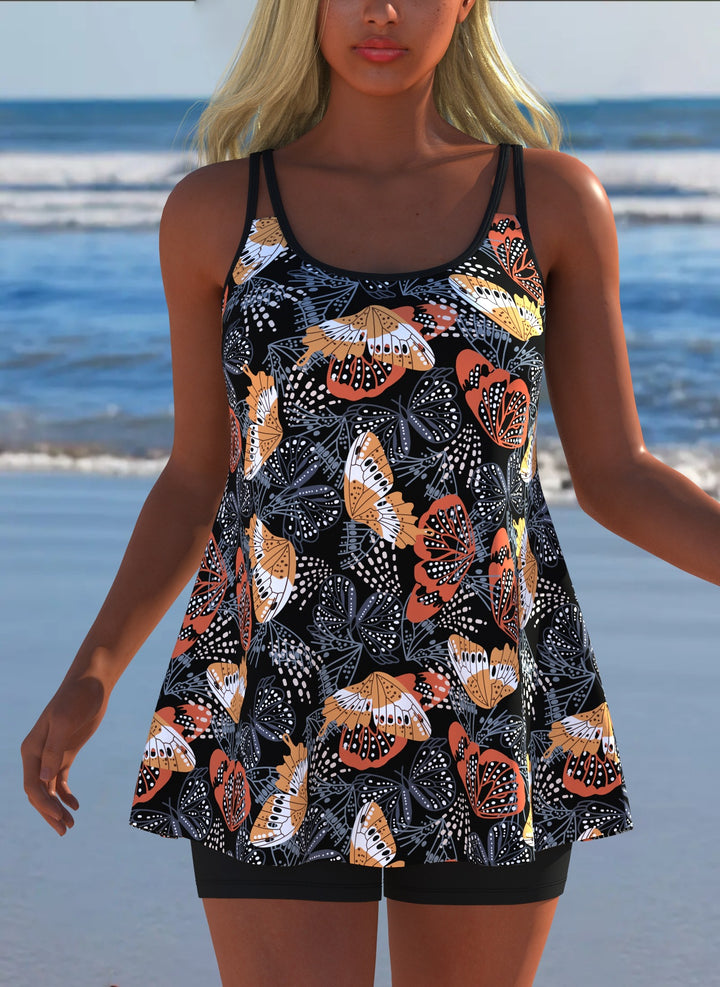 Damen Schwimmanzug in Plissee-Optik mit floralen Mustern und bequemen Shorts Drune