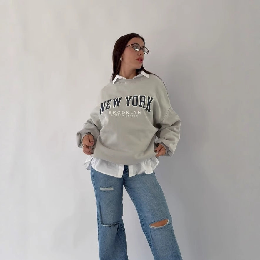 Damen lässiger Sweatshirt mit kreativem New York Print und oversized Schnitt Drune