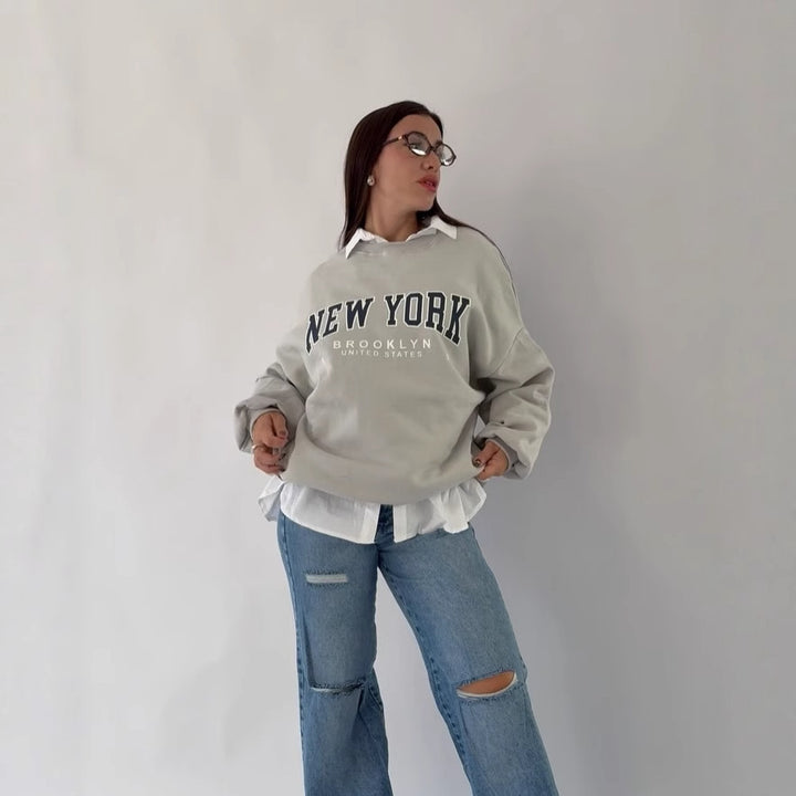 Damen lässiger Sweatshirt mit kreativem New York Print und oversized Schnitt Drune