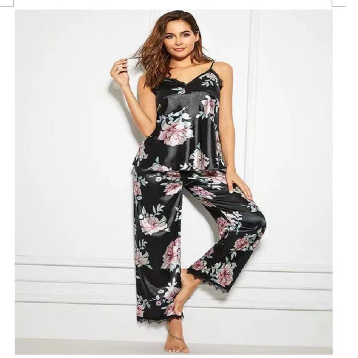 Damen Blumenmuster Satin Pyjama Set Drune