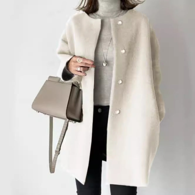 Damen Eleganter Oversized Wollmantel mit Doppelknopf-Verschluss und seitlichen Taschen Drune