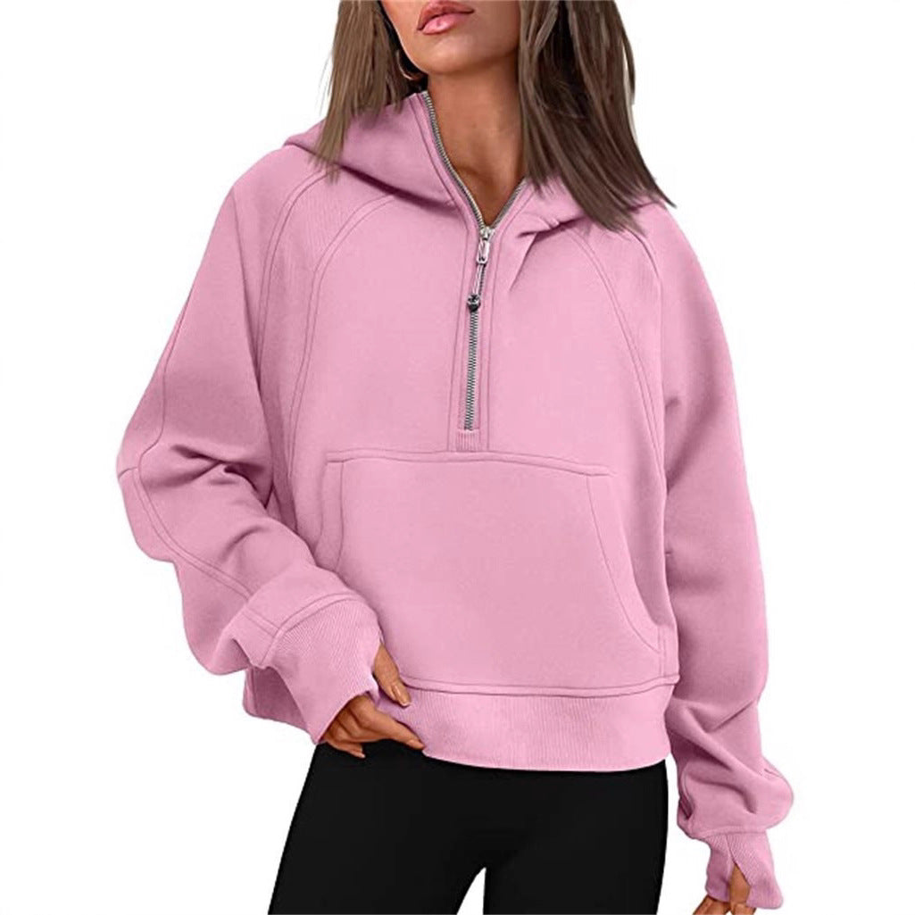 Damen Kapuzenpullover mit halbem Reißverschluss und praktischer Kängurutasche Drune