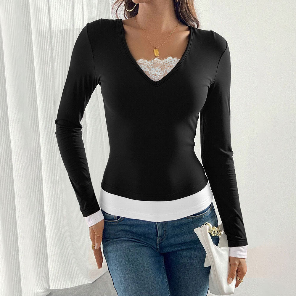 Damen V-Ausschnitt Langarmshirt mit modischem Untertop Drune