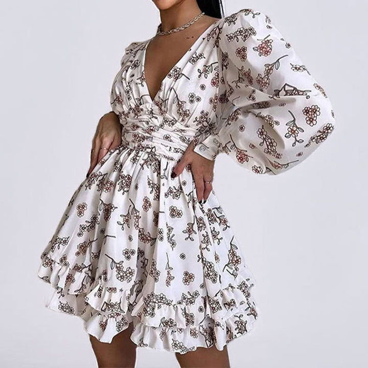 Damen kurzes Kleid mit lockeren Ärmeln und verspieltem Blumenmuster Drune