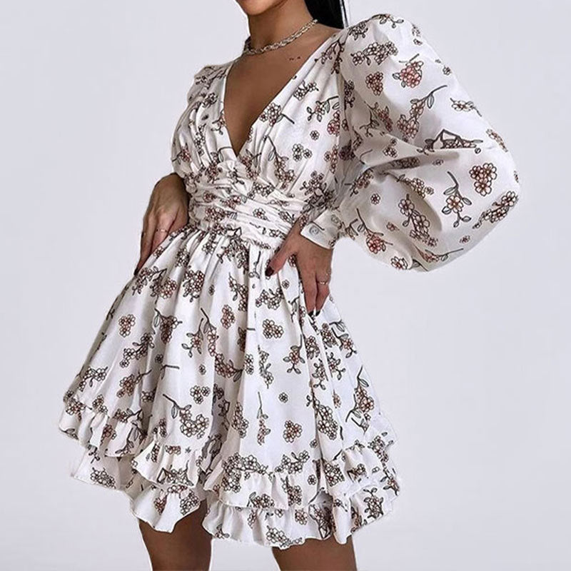 Damen Verspieltes Blumenkleid mit voluminösen Ärmeln und gerafftem Rock Drune