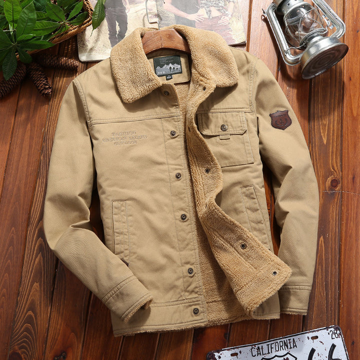 Herren nan robuste Canvas-Arbeitsjacke mit komplettem Sherpa-Innenfutter, verdeckter Druckknopfleiste und funktionalen Brust- und Eingrifftaschen Drune