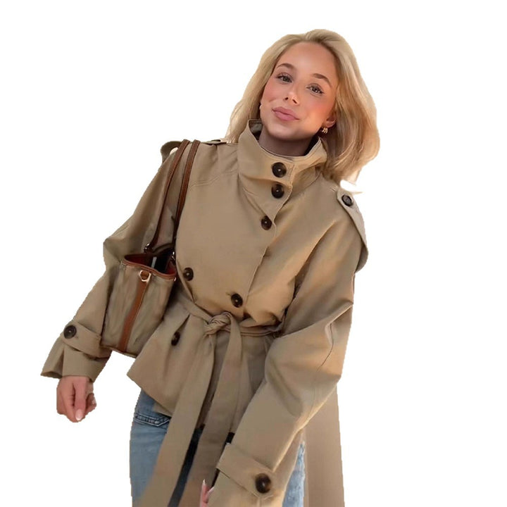 Damen stylische Übergangsjacke mit hohem Kragen und Taillengürtel Drune