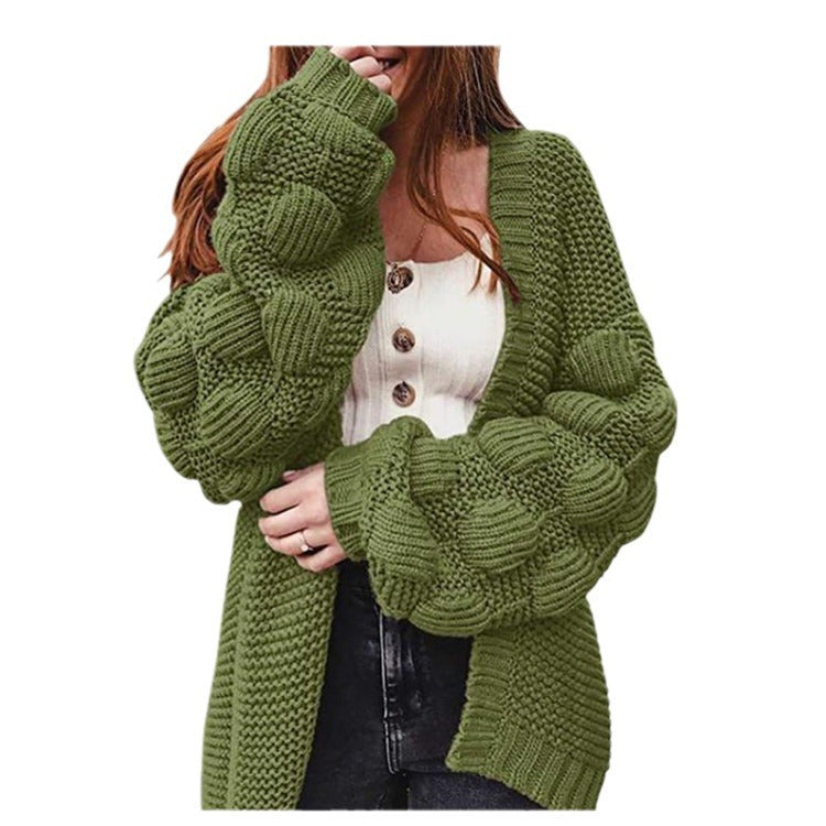 Damen Grobstrick-Cardigan mit voluminösen Puffärmeln und elegantem V-Ausschnitt Drune