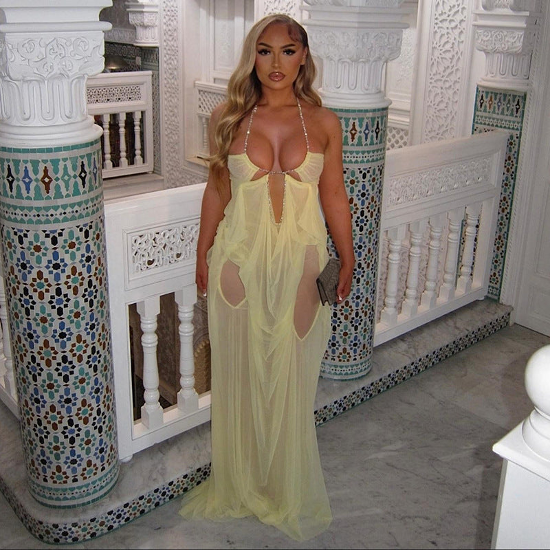 Damen Glamouröses Maxi-Kleid mit transparentem Design und geschmückten Ausschnitten Drune