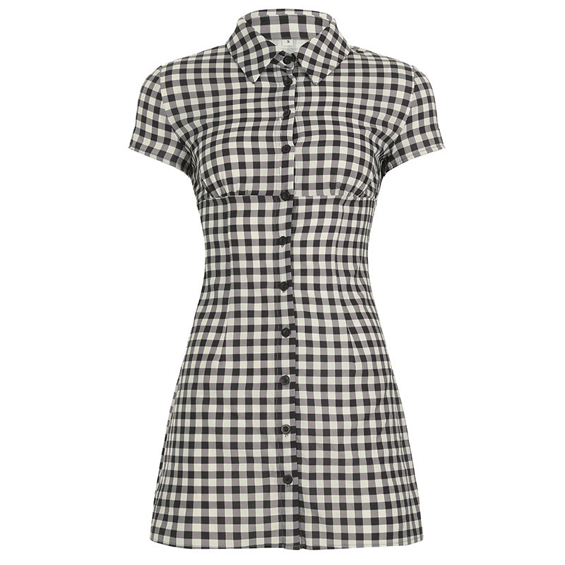 Damen Hemdblusenkleid im klassischen Karomuster mit tailliertem Schnitt und kurzen Ärmeln Drune