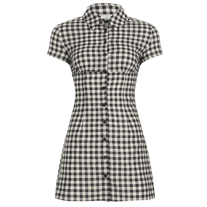 Damen Hemdblusenkleid im klassischen Karomuster mit tailliertem Schnitt und kurzen Ärmeln Drune