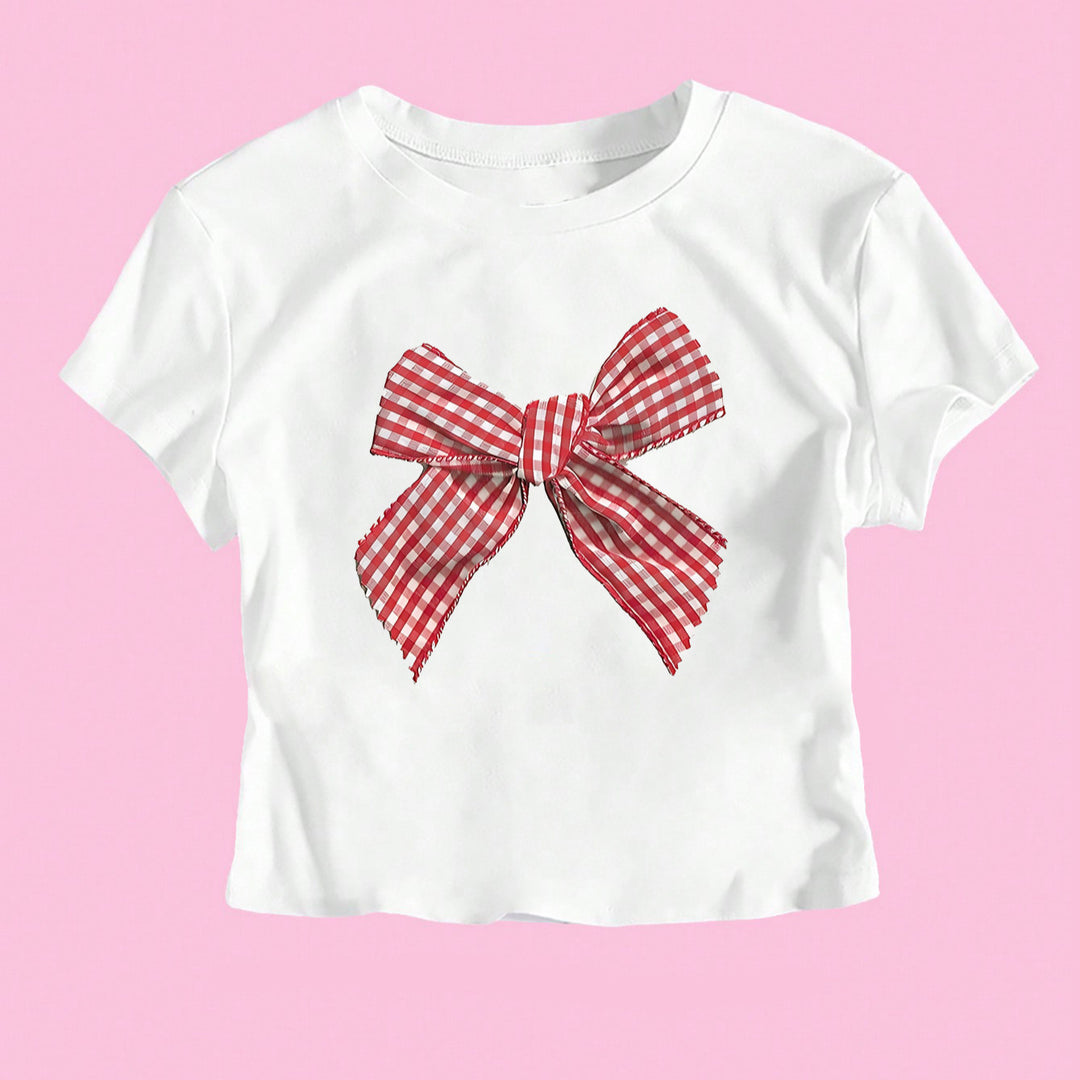 Damen Crop-T-Shirt mit verspieltem Karoband-Motiv und lässigem Schnitt Drune