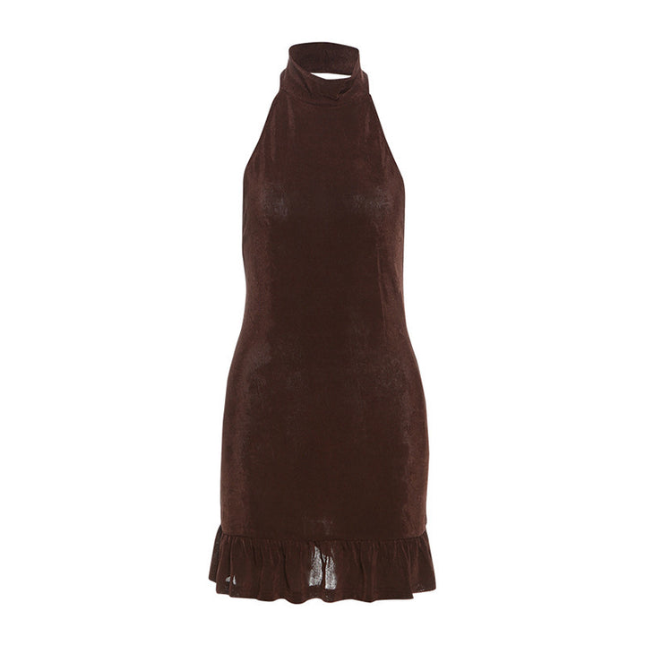 Damen Kleid mit hohem Kragen und Rüschenabschluss Drune