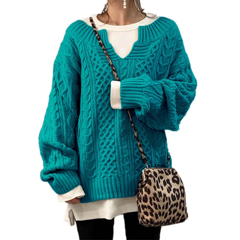 Damen nan weit geschnittener Strickpullover mit Zopfmuster und V-Ausschnitt Drune