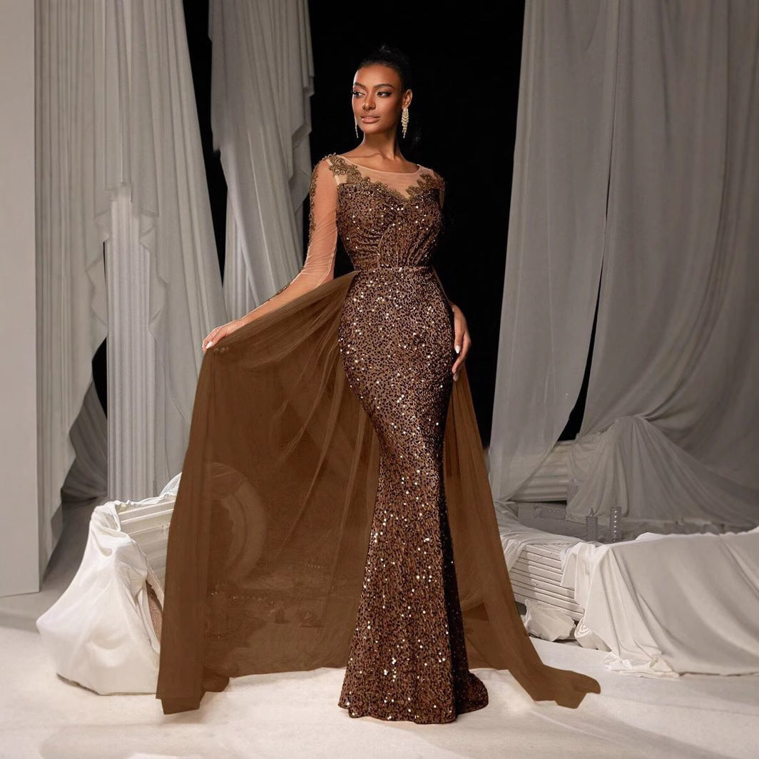 Damen Glamouröses Abendkleid mit schimmerndem Spitzenoberteil und fließendem Tüllumhang Drune