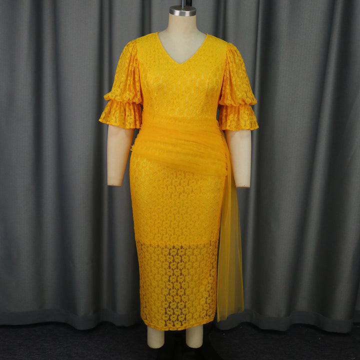 Damen elegantes Spitzenteil Kleid mit voluminösen Rüschensäumen Drune