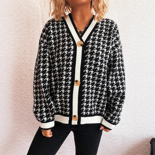 Damen lässiger Strickcardigan mit modischem Hahnentritt-Muster und Holzknöpfen Drune