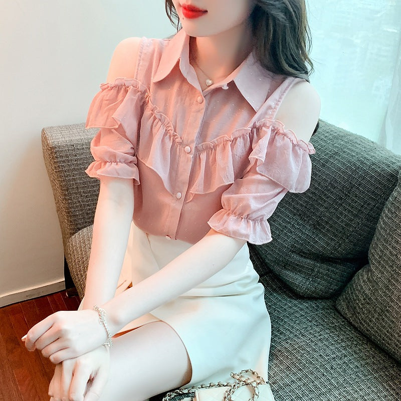 Damen Hemdbluse mit Rüschendetails und Off-Shoulder Design Drune