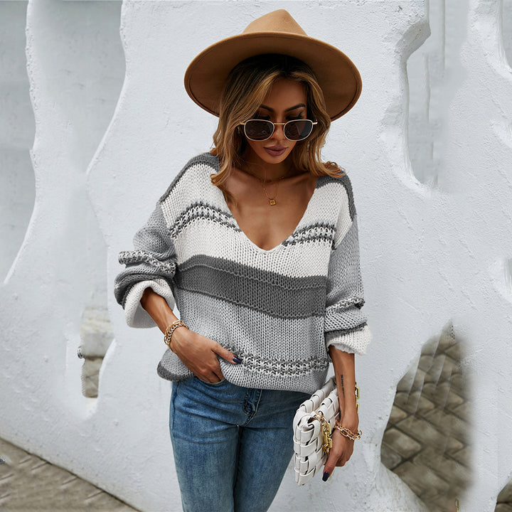 Damen Pullover im lässigen Strickdesign mit V-Ausschnitt und Farbblöcken Drune