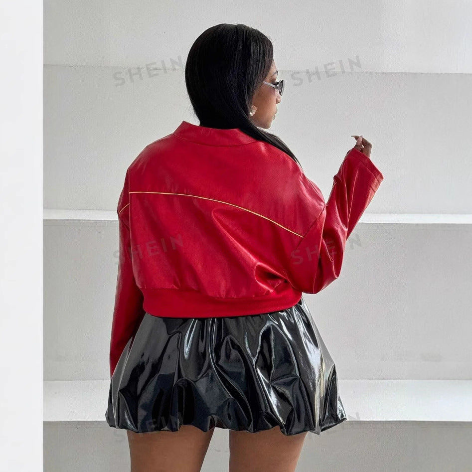 Damen cropped Kunstlederjacke mit sportiven Details Drune