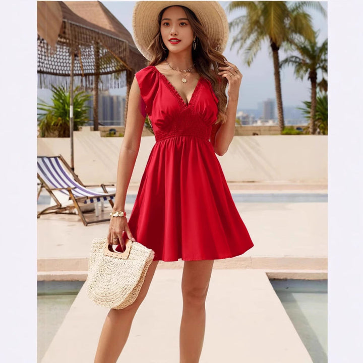 Damen Freizeitkleid mit schmalem Taillenbund und Rüschendetails Drune