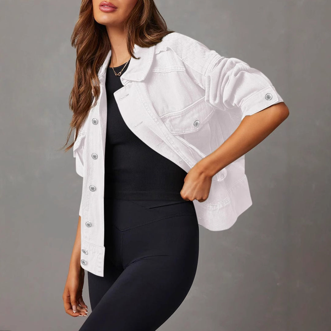 Damen nan kurze oversized Jeansjacke mit aufgesetzten Brusttaschen und krempelbaren Ärmeln Drune