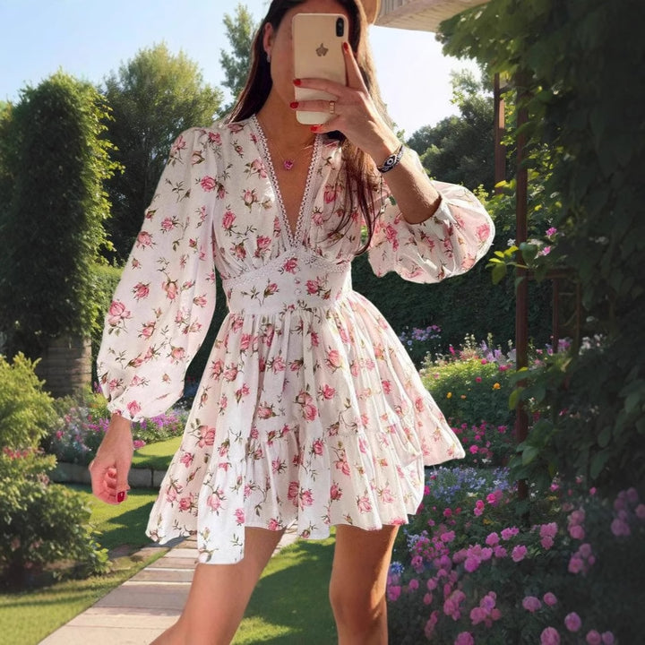 Damen romantisches Blumenkleid mit voluminösen Ärmeln Drune