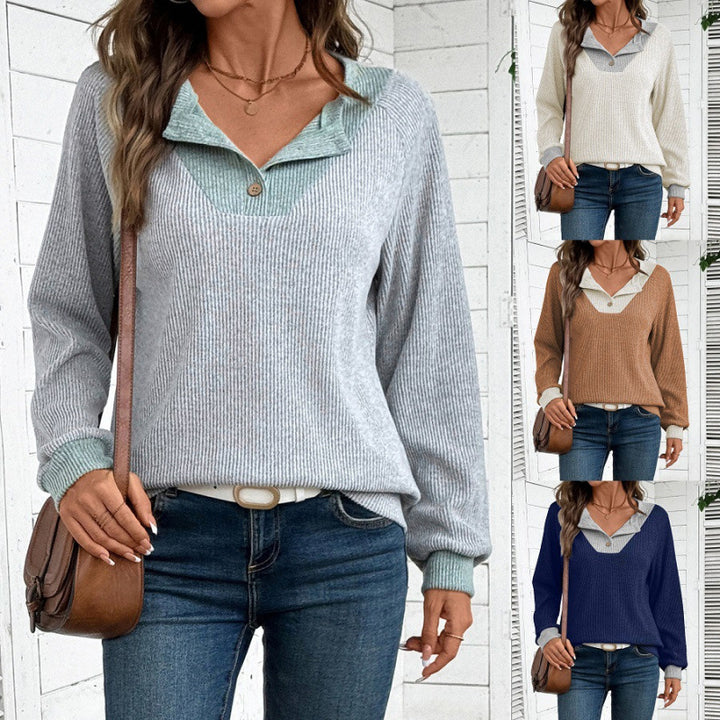 Damen lässiger Langarm-Pullover mit Hemdkragen und dekorativem Schnitt Drune