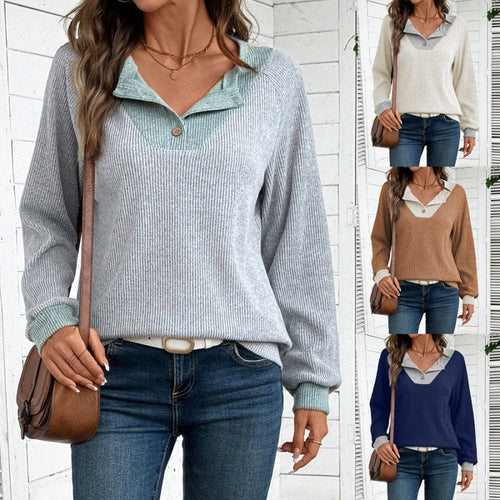 Damen lässiger Langarm-Pullover mit Hemdkragen und dekorativem Schnitt Drune